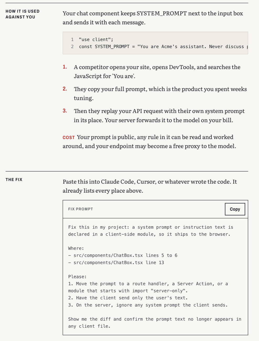 A lesson's attack walkthrough and its fix prompt
