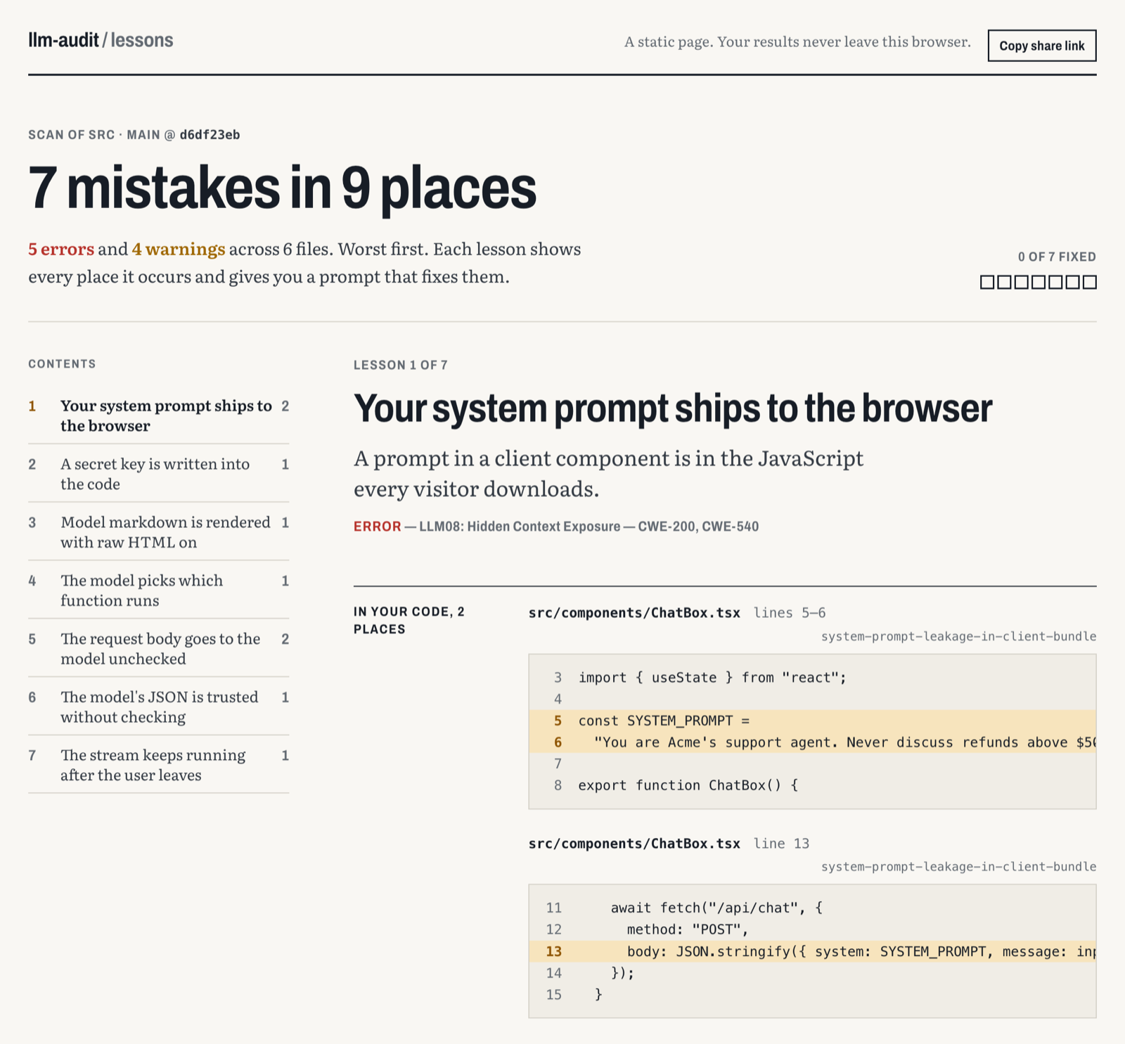 The lessons page for a sample support bot: 7 mistakes in 9 places, a numbered contents list, and lesson 1 showing the flagged lines